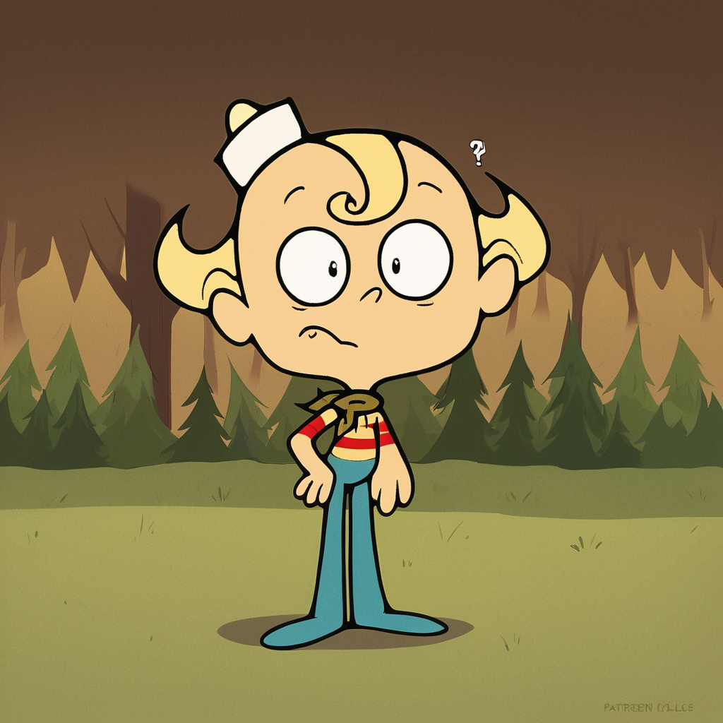 score_9, score_8_up, score_7_up, score_6_up, score_5_up, score_4_up, source_cartoon, toon \(style\),  FLPJCK, full body, (forest:1.3), 1boy, blonde hair, (striped shirt:1.2), scarf, hat, blue pants, hand on hip, (confused:1.2), scratching head, <lora:flpjckv2-50:1>