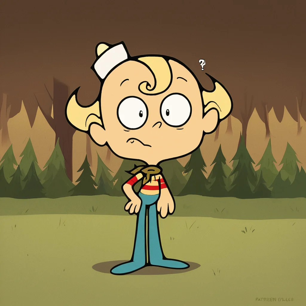 score_9, score_8_up, score_7_up, score_6_up, score_5_up, score_4_up, source_cartoon, toon \(style\), FLPJCK, full body, (forest:1.3), 1boy, blonde hair, (striped shirt:1.2), scarf, hat, blue pants, hand on hip, (confused:1.2), scratching head, <lora:flpjckv2-50:1>