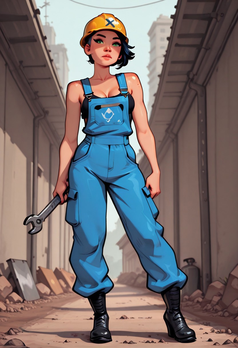 bridgetoon, kat_prime, Masterwork, masterpiece, best quality, (very aesthetic:1.2), (absurdres:1.2), newest, BREAK
dutch angle, wide shot, 1girl(green eyes, black hair, shaved sides), holding massive wrench resting on shoulder, loose coveralls, exposed cleavage, oil smears on face, clothes, body, large steel toe workboots, hard hat resting on ground next to feet