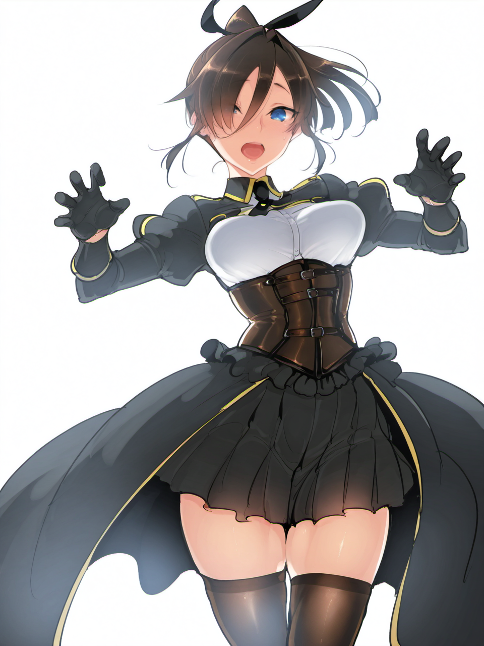 masterpiece, best quality, amazing quality, very aesthetic, high resolution, z-ton, four fingers and a thumb,
1girl, solo, breasts, thighhighs, hair over one eye,  short hair, medium breasts, skirt, open mouth, white background, blue eyes, corset, gloves, long skirt, black skirt, looking at viewer, black hair, black kneesocks, brown hair, sfw,
<lora:z-ton_style_v1_illustrious_epoch_7:0.9>,
<lora:NOOB_EPSv1_1_detailer_by_vlnvk_v1_0:1>,