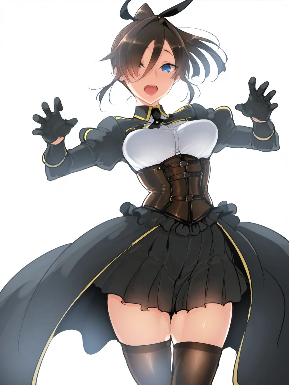 masterpiece, best quality, amazing quality, very aesthetic, high resolution, z-ton, four fingers and a thumb,
1girl, solo, breasts, thighhighs, hair over one eye, short hair, medium breasts, skirt, open mouth, white background, blue eyes, corset, gloves, long skirt, black skirt, looking at viewer, black hair, black kneesocks, brown hair, sfw,
<lora:z-ton_style_v1_illustrious_epoch_7:0.9>,
<lora:NOOB_EPSv1_1_detailer_by_vlnvk_v1_0:1>,