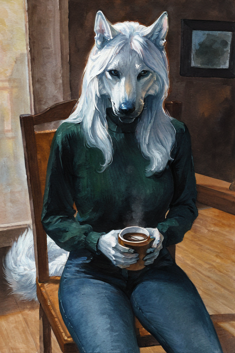 masterpiece, best quality, highres, newest, traditional media, realistic, watercolor \(medium\), anthro, furry, wolf, white fur, long hair, white hair, blue eyes, green sweater, long sleeves, blue jeans, holding cup, coffee cup, 1girl, solo, looking at viewer, cowboy shot, sitting, on chair, indoors, cafe <lora:Ð¡osmic Void [LoRA] - NoobAI-XL EPS 1.0:0.8>