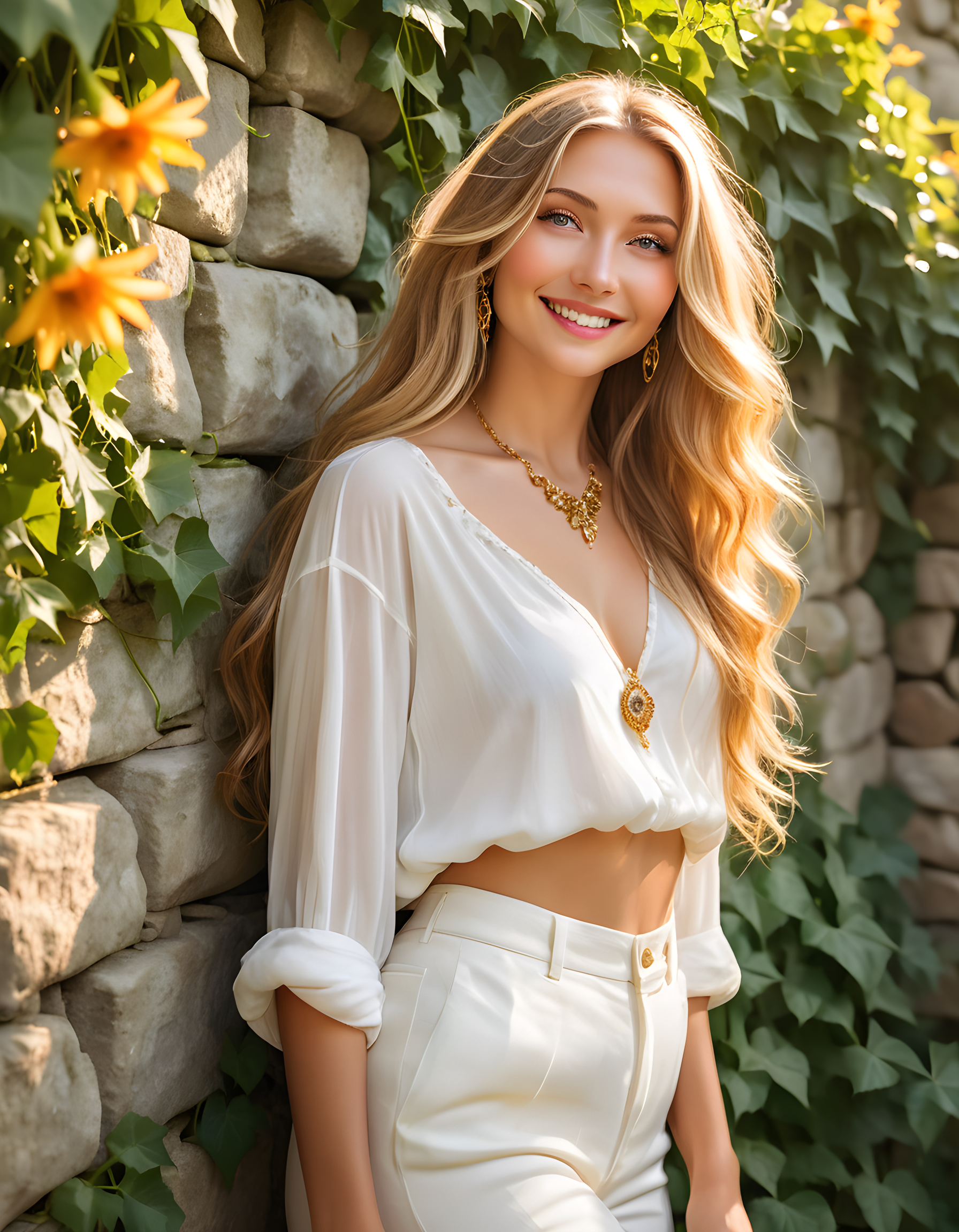 In a sunlit, bohemian garden adorned with vibrant wildflowers and delicate ivy, a radiant woman named Kemkin poses elegantly against an ancient stone wall. Her long, golden hair cascades down her back in loose waves, and she wears a stylish, flowing white shirt accented by intricate gold jewelry that catches the sunlight. With a captivating gaze locked onto the viewer, her full, luscious lips subtly curve into a mysterious smile, creating an enchanting portrait that invites intrigue and wonder.