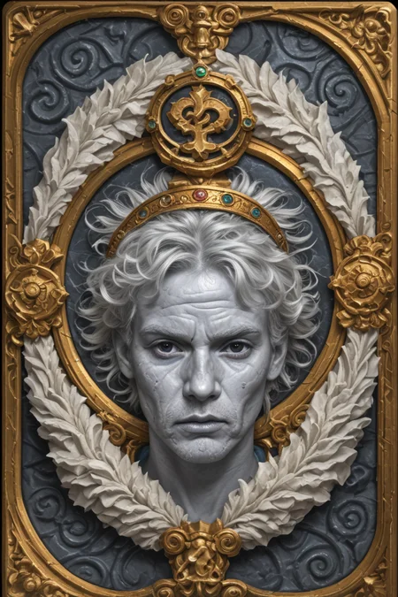 score_9,score_8_up,score_7_up,
hyper-detailed, masterpiece, best quality,realistic details,
Card, Tarot, graphic border, Illustrative,obsidian stone, skeuomorphic, detailed, upper body,Yellow crown, Scepter,
(An Marble statue of old man:1.2), White hair, Wrinkled face,head down,Short hair,Black eyes,
, (Open mouth:0.2), Confused, Gorgeous and expensive clothes,Thin hair, green atmosphere,
<lora:sdxl_lightning_8step_lora:1>
<lora:DM_CB:1>