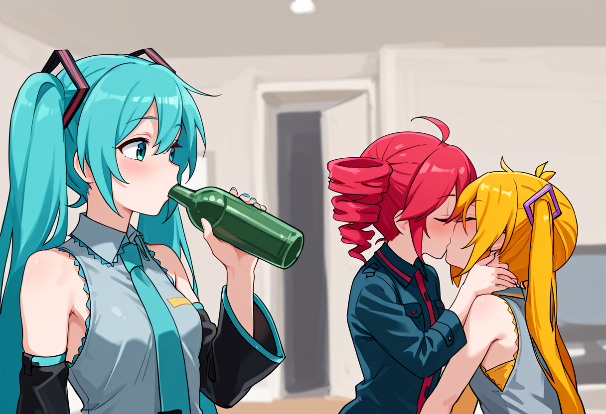masterpiece, high quality, amazing detail, girl_drinking_while_guys_make_out_meme, 3girls, hatsune miku, kasane teto, akita neru, holding, bottle, kiss, drinking, holding bottle, <lora:girl_drinking_while_guys_make_out_meme:1>