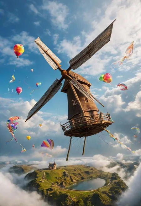 professional photograph, of a (flying_windmill , floating unsupported high in the sky above the clouds the highest_quality fully funtional windmill is flying), (feathers , kites, balloons in the breeze) realisticvision-negative-embedding, epiCRealism