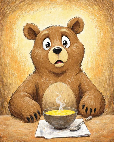 drawing in a cartoon style, featuring a cute, anthropomorphic brown bear with dark brown ears and paws. The bear is seated at a table with a bowl of soup in front of it, which appears to be filled with a yellow liquid. The bear's expression is one of surprise or curiosity, with wide, round eyes and a small, black nose. Its paws are resting on the table, one holding a spoon and the other on a piece of paper. The table is made of a warm, brown wood, with a slightly rough texture, adding to the cozy, homey feel of the scene. The background is a gradient of warm, earthy tones, including shades of brown, orange, and beige, creating a soft, textured effect reminiscent of a warm, autumnal day. The overall composition and color palette evoke a sense of comfort and warmth, making the scene feel inviting and friendly. , aidmaimageupgrader, aidmaMJ6.1