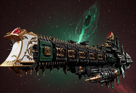 (Digital illustration), bold lines, dramatic shading, line art, concept art style,digital painting,digital illustration, dark red and green and gold and white impstarship (Emperor-class Battleship) ship head black hole,in outer space,solo,side view,ornate, accretion disk, ship with massive multidesk cannon ports and covered with Gothic cathedrals,
