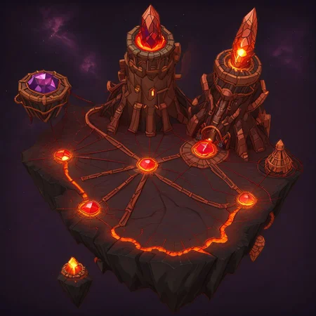 1 island, darkblack to to darkred, (lava:2.6) rock, cliff, lava strains, cracks, broken columns, tectonic fault, (ruins:0.5), lavascape, plain darkgray to gray background, mecha rusty parts around map, (((thick outlines:2.2))), (magic gemstone glowing darkred to copper:1.8), broken pillars arcs, (copper wires:1.8)