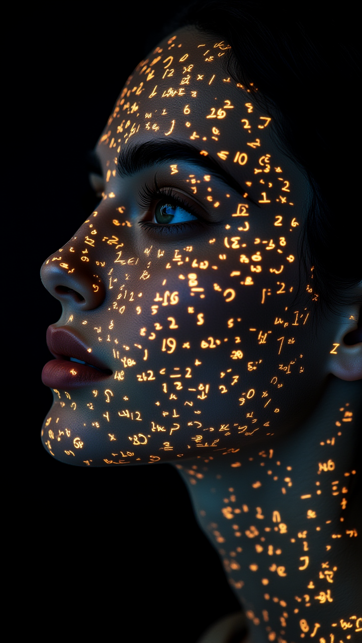 Shadowrun Math Projection - A close-up of a person's face (Jessica Szohr) with set logical ambient background, DayGlo black gold holographic equations projected Crisis Point their skin. The background is Ghost and [Egyptian|Folk], with the equations appearing Cinestill and ever-changing, creating a World of Warcraft and perfect symmetry mood     , aidmaMJ6.1