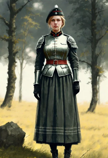 beautiful slim large-breast young heavy-armor female German soldier, long dress, socks, boots, digital painting in jrst artstyle