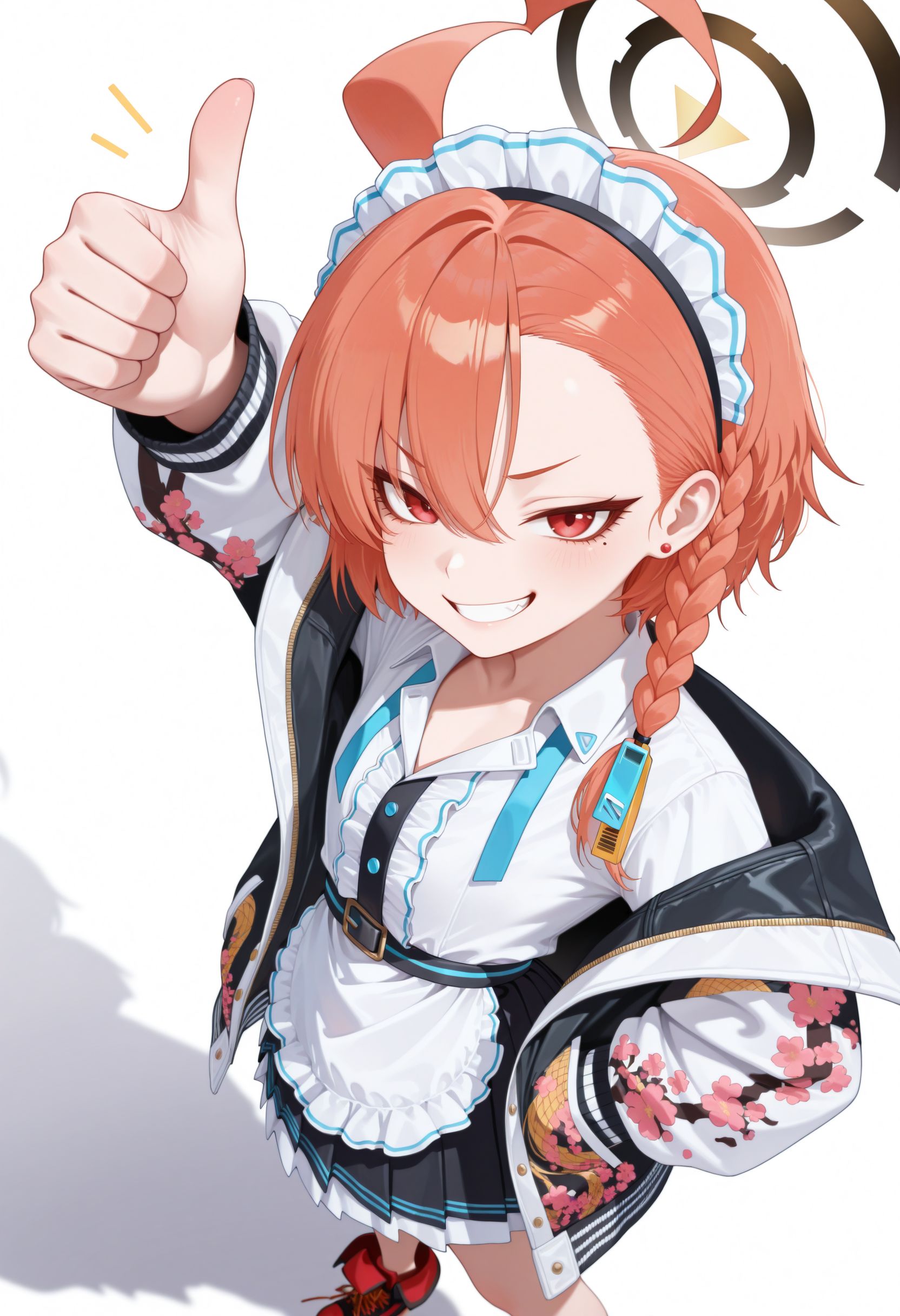 masterpiece, best quality, amazing quality, very awa,absurdres,newest,very aesthetic, standing, looking at viewer, (thumbs up),arm up, reaching hand, smile,close-up, ((white background)), front view, from side, smug,, looking at viewer, v sign
 <lora:Neru illu:1> 1girl, halo, mole under eye, red eyes, orange hair, single braid, ahoge, short hair, huge ahoge, asymmetrical bangs, maid headdress, jacket, sukajan, long sleeves, floral print, off shoulder, open jacket, collared shirt, center frills, belt, white apron, black skirt, pleated skirt, red footwear, chains