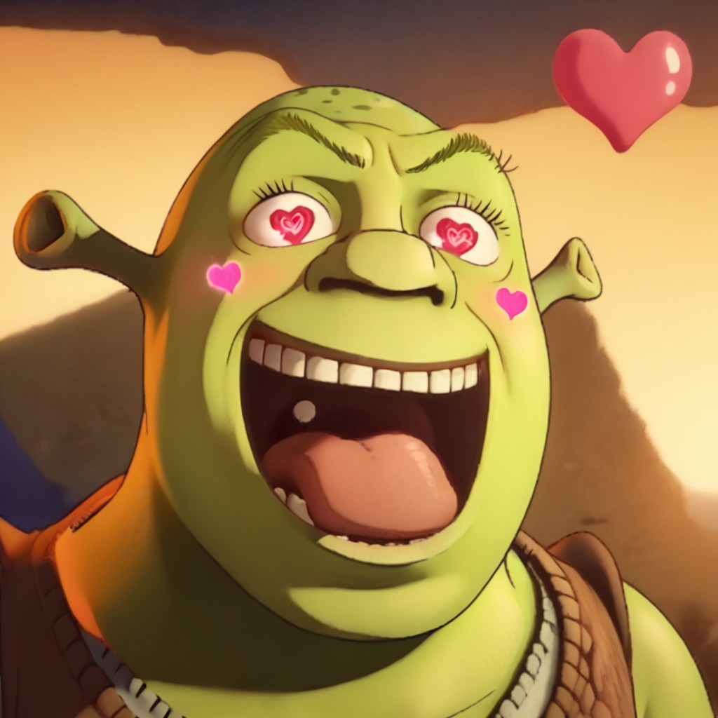 score_9, score_8_up, score_7_up, best quality, masterpiece, BREAK 1 boy, shrek, green skin, Ogre ears, SanijSimpface, heart shaped eyes, eye-pop-out, popping eyes, eye popping out,