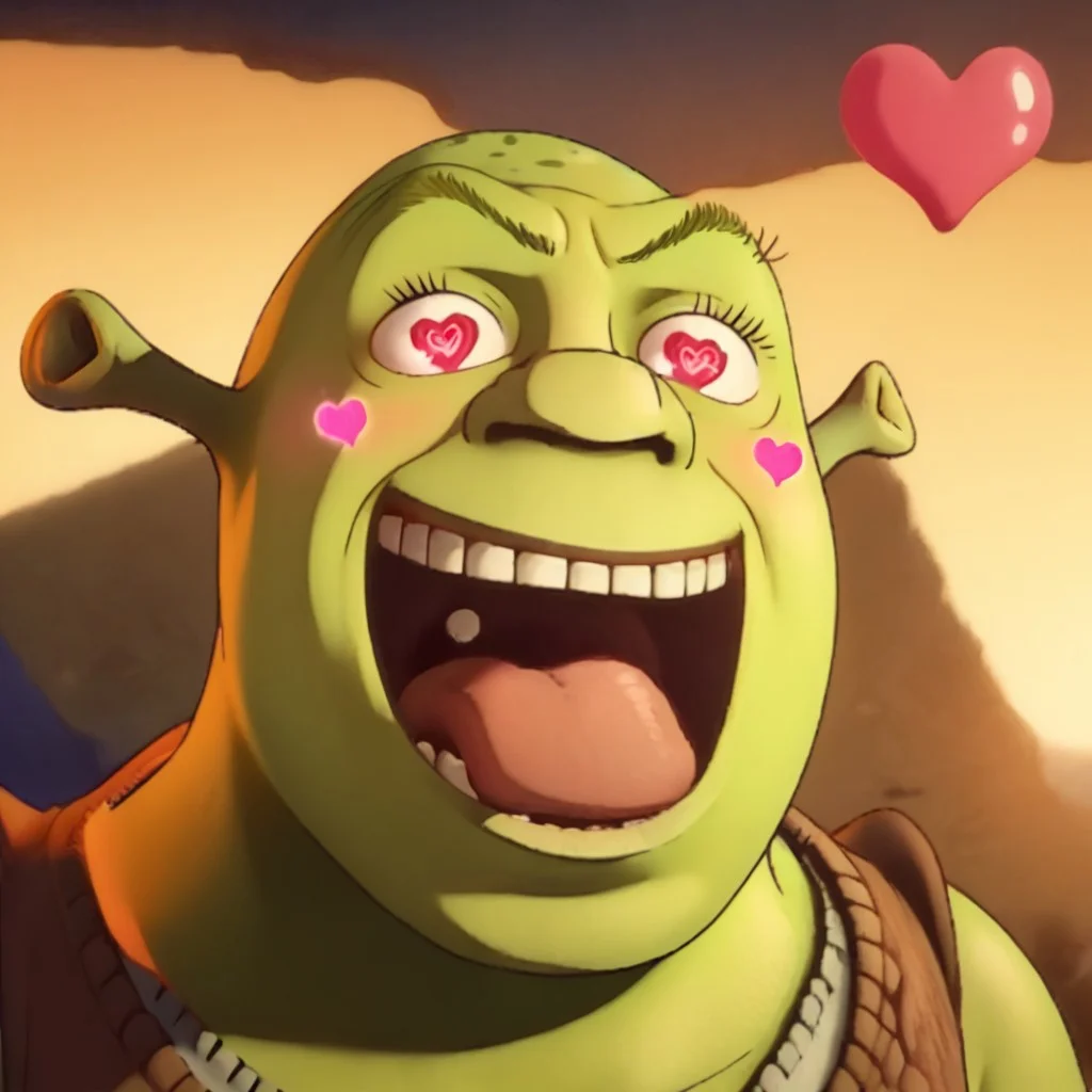 score_9, score_8_up, score_7_up, best quality, masterpiece, BREAK 1 boy, shrek, green skin, Ogre ears, SanijSimpface, heart shaped eyes, eye-pop-out, popping eyes, eye popping out,