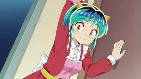 anime screencap, Abandoned carnival with faded attractions and eerie silence, BREAK anime screencap, Fantasy Maid Dress, Lum, light smile, oni horns, Leaning against a wall with legs slightly apart, <lora:Private_Urusei_Yatsura_2022_-Lum-_PDXL_v2:0.8>