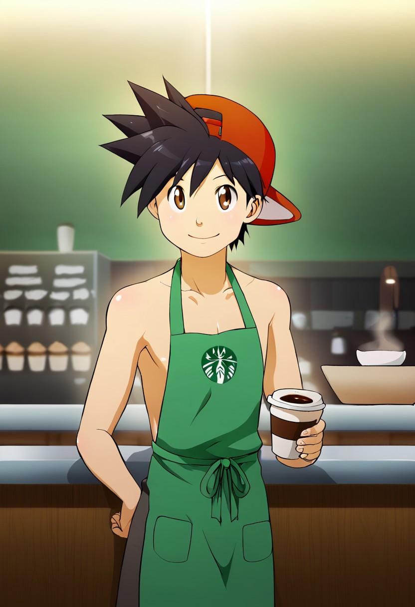 red_sp, black hair, brown eyes, backwards cap, red baseball cap, 1boy, solo focus, solo, subtle muscle, shirtless, wear black tight short, smile, young, wear apron, work as barista, at coffee shop