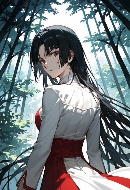 score_9_up, score_8_up, score_7_up, extreamly detailed, beautiful detailed face, complex detailed background, completely clothes, BREAK,
WANG LIU MEI, 1girl, solo, long hair, looking at viewer, black hair, brown eyes, very long hair, looking back, from behind, tree, frown