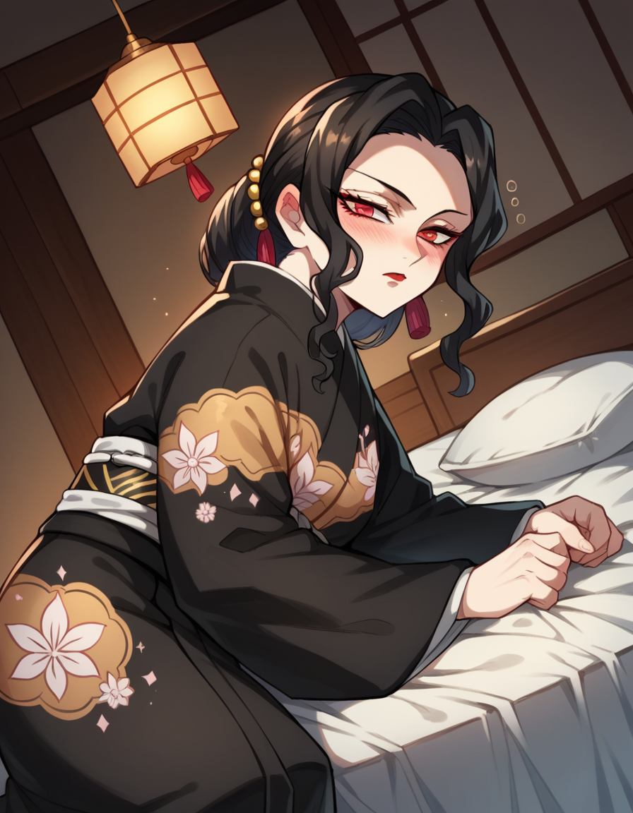 score_9, score_8_up, score_7_up, source_anime,
muzankibutsuji, <lora:muzan-kibutsuji-ponyxl-lora-nochekaiser:1>,
muzan kibutsuji, black hair, hair ornament, red eyes, red lips,
japanese clothes, wide sleeves, kimono, sash, obi, floral print, black kimono,
indoors, bed, bed room, on side, blush, drunk,
solo, dutch angle, looking at viewer, cowboy shot,