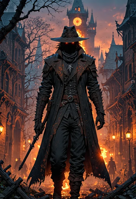 silhouette of a The Hunter in the city of Yharnam, Bloodborne, glowing eyes, t-shirt design, dark magic splash, gothic, Halloween, burnt orange gradient, magic, nature, clean background, magic splash, 3D vector art, fantasy art, watercolor effect, bokeh, Adobe Illustrator, hand-drawn, digital painting, soft lighting, isometric style, retro aesthetic, 4K resolution, using Cinema 4D, natural lighting, cinematic, masterpiece, highly detailed, intricate, extreme textures, horror, terryfying, creepy, Scary <lora:EpicF4nta5yXL:0.8>