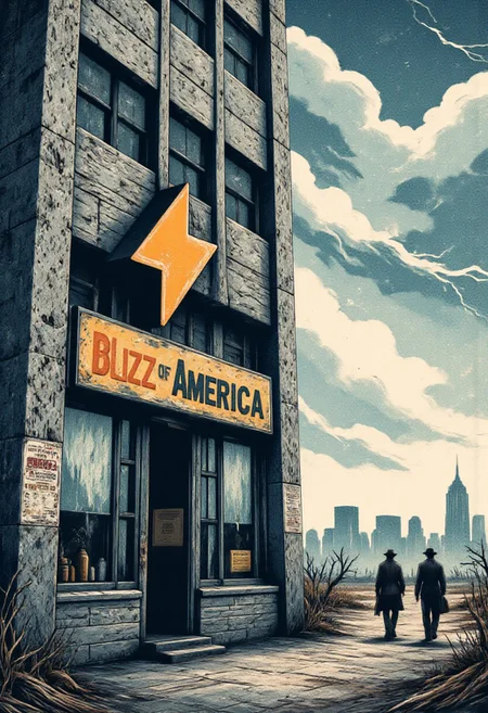 text saying "Buzz of America", cowboy shot of an american bank with (SuchBuzzLogo) logo at the entrance near the name "Buzz of America", modern building with brutalist architecture, a couple of executive walking in the distance, storm, clouds, realistic, fantasy score_8_up, score_7_up, novel style, bleak background, photoshot for a bank commercial