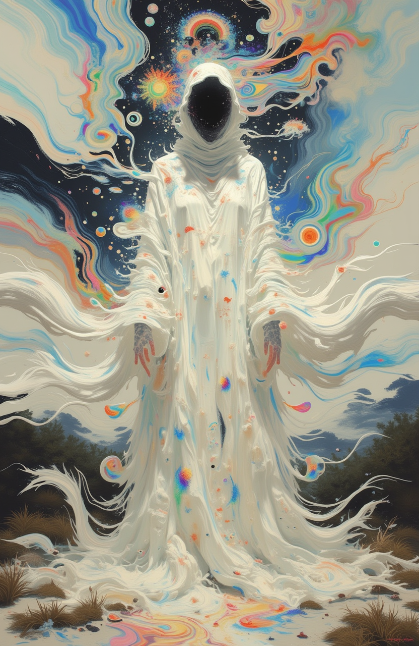 psycho_4rt, This is an artheon-style painting that merges the surreal with the abstract. The scene depicts a woman dressed in a loose, flowing white shroud, her figure blending into a dreamlike, shifting background of swirling patterns and shapes.