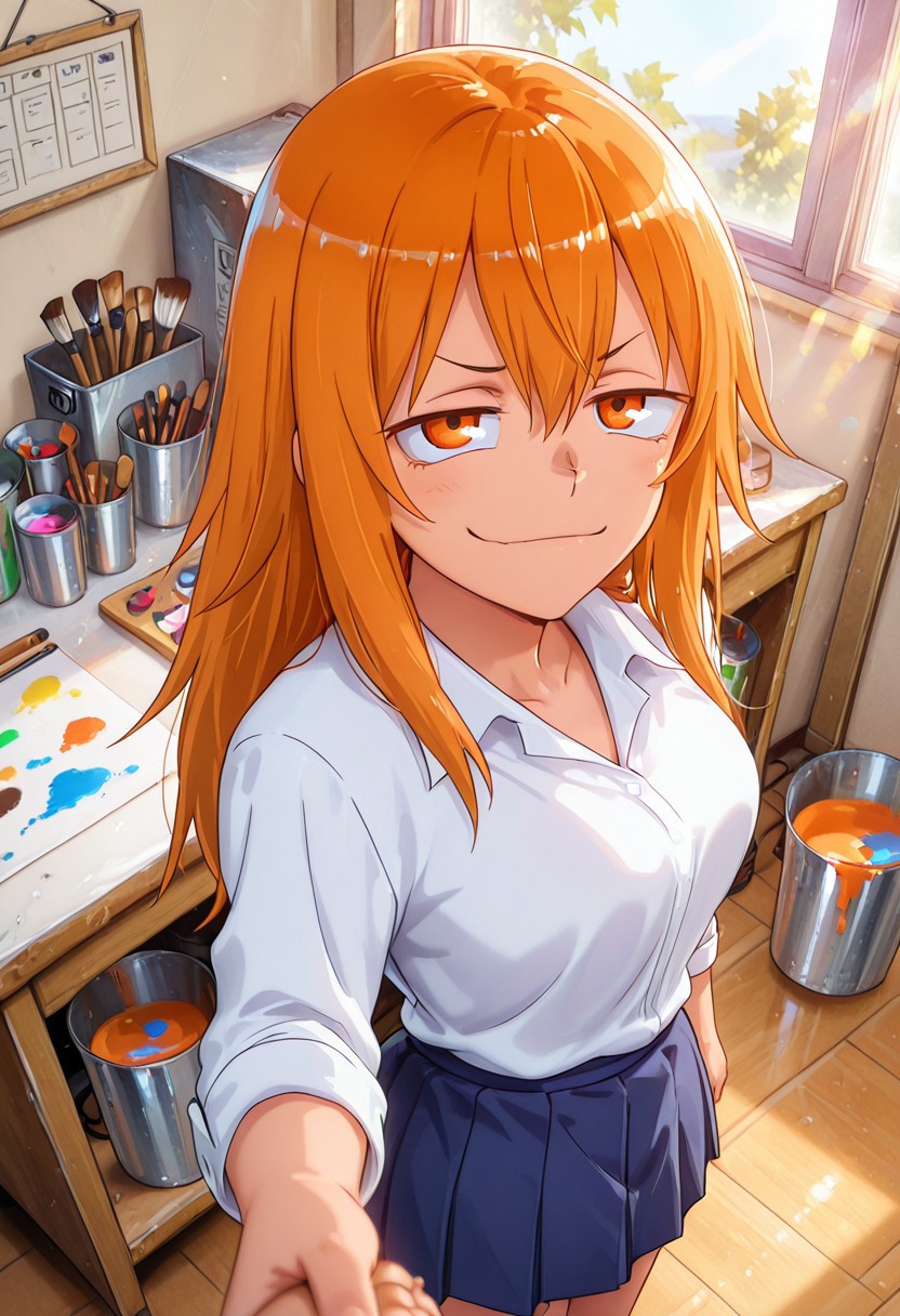 1girl, solo, masterpiece, best quality, newest, absurdres, CG, anime, source anime, illustration, very aesthetic, high resolution, ultra-detailed, newest, scenery, medium depth of field, rule of thirds, masterpiece-level, clean lines, Nagatoro_Hayase
BREAK 1girl, ((solo)), (solo focus:1.25), Gamou_Maki, orange_eyes, orange_hair, long_hair, hair_between_eyes, medium_breasts
 school_uniform, white_shirt, collared_shirt, pleated_skirt, blue_skirt, sleeves_rolled_up
standing, paints on the viewer itself, smug, teasing, holding a paintbrush in her hand, looking up,  looking at viewer, from above, pov,
indoors, art studio, canvases on stands, paint cans, brushes, day, alternate poses, sunny day, sunlight, from both sides
cinematic angle, various angles, detailed background, beautiful background, (rays light:1.0),(grow:1.0) mystical, luminism, vibrant colors
