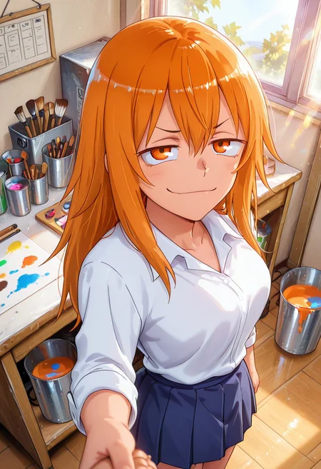 1girl, solo, masterpiece, best quality, newest, absurdres, CG, anime, source anime, illustration, very aesthetic, high resolution, ultra-detailed, newest, scenery, medium depth of field, rule of thirds, masterpiece-level, clean lines, Nagatoro_Hayase
BREAK 1girl, ((solo)), (solo focus:1.25), Gamou_Maki, orange_eyes, orange_hair, long_hair, hair_between_eyes, medium_breasts
school_uniform, white_shirt, collared_shirt, pleated_skirt, blue_skirt, sleeves_rolled_up
standing, paints on the viewer itself, smug, teasing, holding a paintbrush in her hand, looking up, looking at viewer, from above, pov,
indoors, art studio, canvases on stands, paint cans, brushes, day, alternate poses, sunny day, sunlight, from both sides
cinematic angle, various angles, detailed background, beautiful background, (rays light:1.0),(grow:1.0) mystical, luminism, vibrant colors