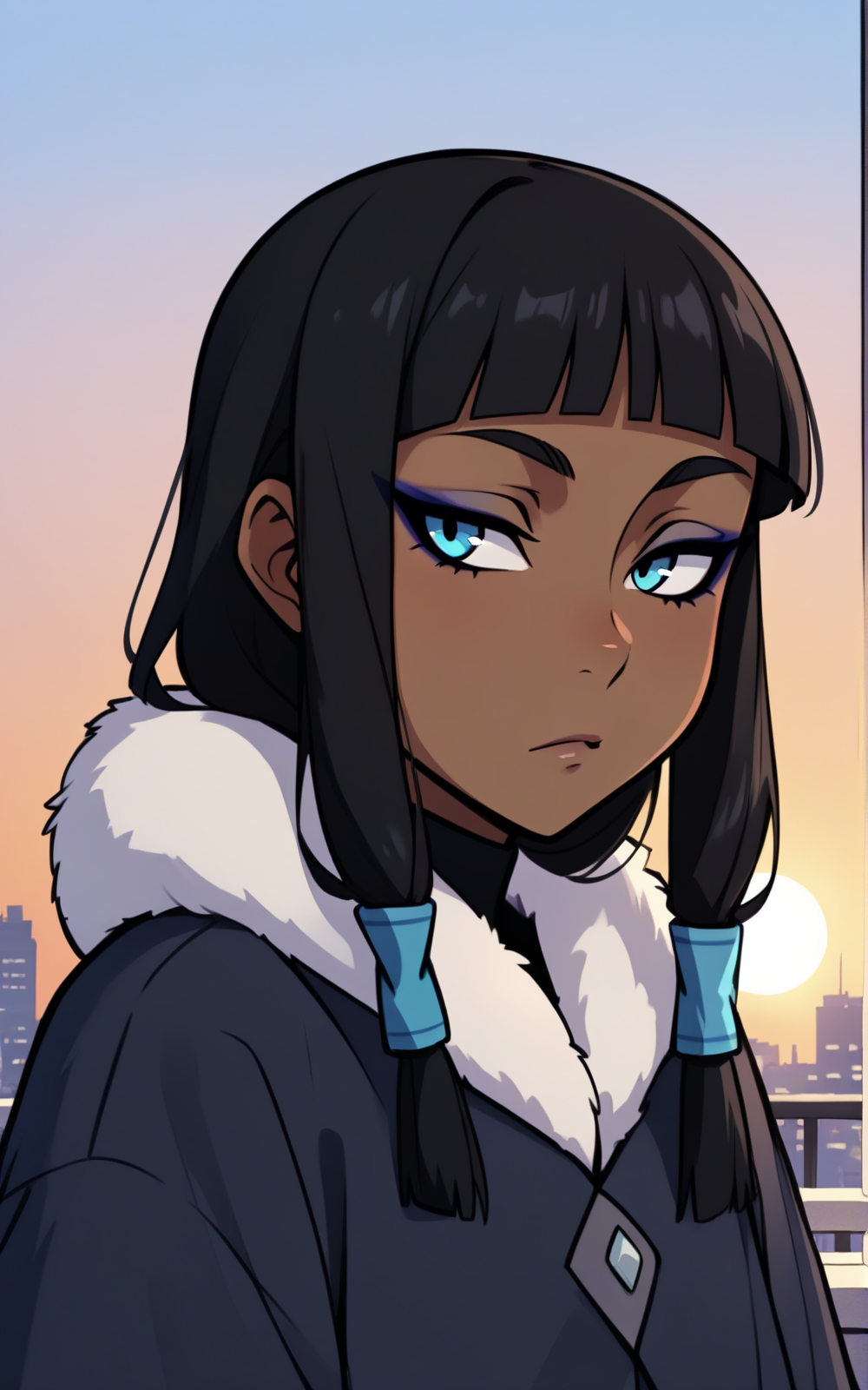 best quality, absurdres, <lora:BolivanteStyleITS:0.8>, <lora:ELKITS:0.8>, boots, coat,dark blue coat, sleeves past wrists, sleeves past fingers, long sleeves, fur trim, black hair, dark-skinned female, dark skin, bangs, blunt bangs, sidelocks, blue eyes, eyeliner, makeup, hair tubes,slim, twilight, balcony, sun, city, winter,portrait,bored,