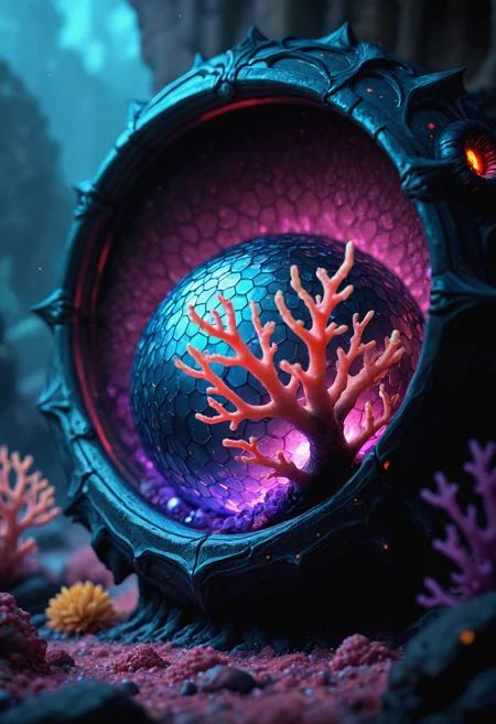 Da3k_fanla5y_a3t, no_humans.
A stunning picture depicting an oceanic panorama of an ancient crystal dome structure with hexagonal patterns on its surface and wires of bioluminescent light connecting upwards, built into a bioluminescent deep-sea coral reef in the sub-oceanic depths. The light setting is underlined by a nightmarish tension. The picture's style is unique, characteristic as well as imaginative. The color palette is underlining the atmospheric direction skillfully.
<lora:il_Dark_Fantasy_Art.safetensors:0.8>