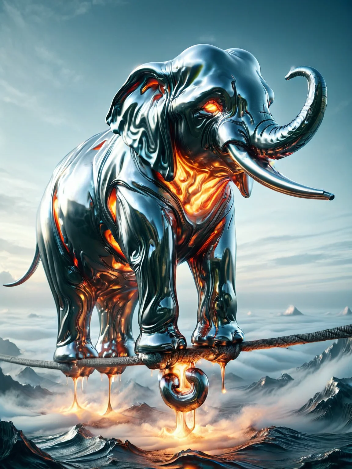 a ais-moltenz elephant balancing on a tightrope above a sea of clouds <lora:Molten_Metal_SDXL:1>