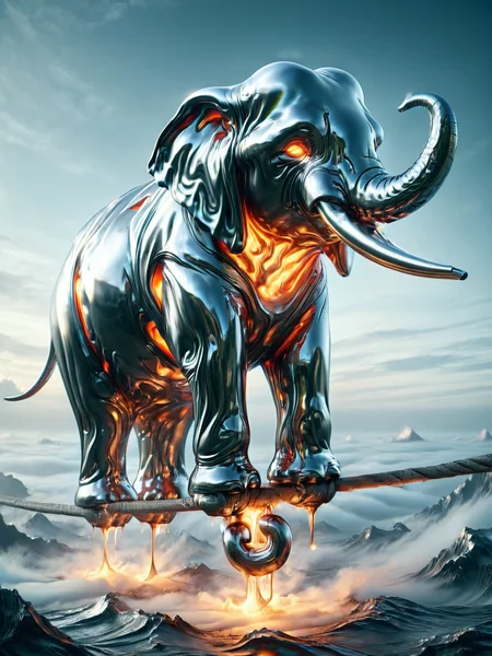a ais-moltenz elephant balancing on a tightrope above a sea of clouds <lora:Molten_Metal_SDXL:1>