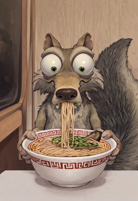 Masterpiece, absurdres, Scrat, solo, long snout, bushy tail, bulging eyes, eating ramen, acorns in ramen, restaurant background,