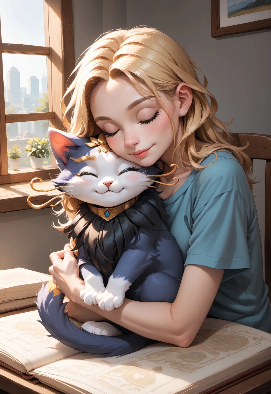 masterpiece, score_9_up, score_8_up, score_7_up, score_6_up, source_furry, (best quality:1.1), ultra-detailed, high resolution, solo, highly detailed macro illustration BREAK 1girl, long blonde hair BREAK feral cat, yuumi-default, feline, animal, quadruped, blue fur, chest tuft, yellow whiskers, blonde eyebrows, yellow tail tip, sleeping, (cute face:1.3), :3, adorable BREAK sleep, (cuddling a cat:1.3), indoors, large window, table, book on the table BREAK Highly Visible, zPDXL3