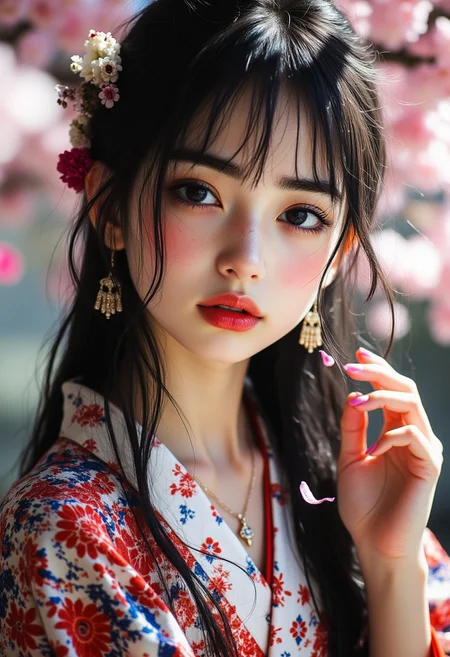 midjourney_whisper_innocent_eyes, portrait of stunningly beautiful Japanese princess, dark eyeshadow, make-up, red lips, long dark hair, hair ornaments, earrings, necklaces, exquisitely oatterned kimono. Sakura petals fall randomly in the air