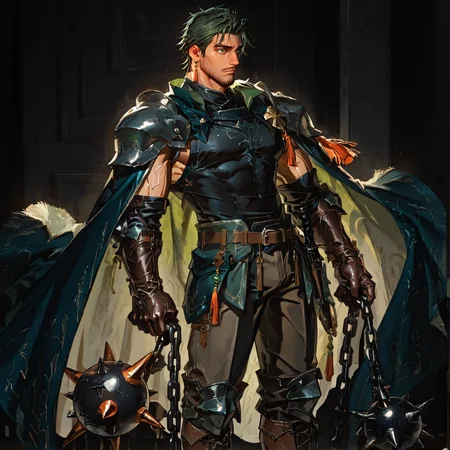 <lora:Ewan__Alchemist_Code:.75> tagatameewan, ewan_green hair, ewan_green eyes, 1boy, short hair, single earring, solo, male focus, manly, mature male, bara, muscular male, cape, pauldrons, elbow gloves, tassel, pants, boots, ball and chain (weapon),
short hair, male focus, muscular male, muscular male, bara, mature, (hairy body, hairy, body hair, glossy skin, bara, mature, facial hair, beard, full beard, sideburn, mustache, stubble), facial hair, bara, mature, body hair, aixiwuganda_(20222192), very awa, masterpiece, best quality, absurdres, newest, perfect quality, detailed background, intricate details,, <lora:slider_Body Type_alpha1.0_rank4_noxattn_last:3><lora:Anime Summer Days 2 Style SDXL_LoRA_Pony Diffusion V6 XL:.6><lora:merged:.7>, DARK, DARK BACKGROUND, LOW-KEY LIGHTING <lora:slider_cfg_scale_boost:.7><lora:Artist6p:.55>, Artist6p, Artist04p,<lora:slider_il_contrast_slider_d1:-.25>,<lora:slider_contract_controller_illus01_v1:.3>, <lora:addon_illustriousXLv01_stabilizer_v1.121:.5>,<lora:Heavenly_Beauty_r1:1>, (heavenlybeauty,)<lora:slider_style_strength_controller_illus01_v1:.25>