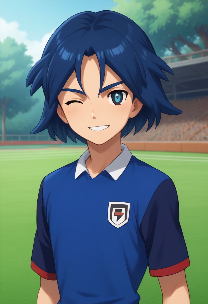 score_9, score_8_up, source_anime, highly detailed, 1boy, solo, male_focus, slender, skinny,
hikaru, solo, soccer uniform, 1boy, male focus, blue hair, sportswear, blue eyes, upper body, wink, smile.
outdoor, sit,