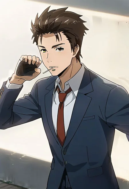 (score 9, score 8 up, score 7 up),((source anime, best quality, best aesthetic, perfect anatomy)),1boy,male focus,handsome detailed face,black eyes,blazer,collared shirt,slim body,skinny,necktie,solo,((Mouth Hold, Punching, mood lighting, in summer, overhead shot, subject look up)),<lora:Shinich:1>,shinichi,<lora:Smooth Anime 2 Style SDXL_LoRA_Pony Diffusion V6 XL:1>,<lora:aesthetic_anime_v1s:1>,