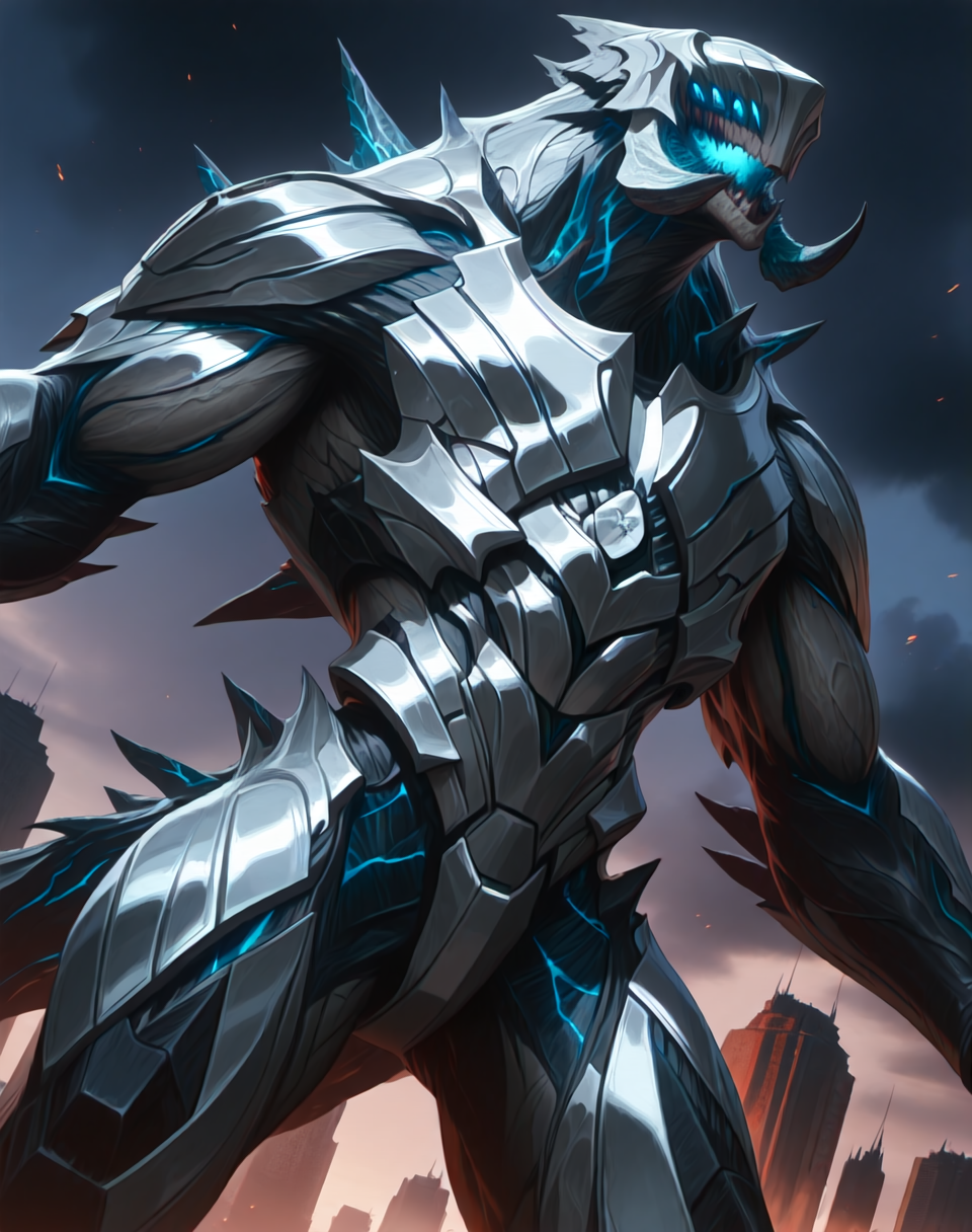 score_9, score_8_up, score_7_up,
8K, In'ei, chiaroscuro, perfect depth of field shot, beautiful, sharp focus, crisp details, masterclass animation, photographic realism, source_anime,
<lora:Mega_Kaiju_(Pacific_Rim)_(Illustrious)_(AD):1> Mega Kaiju, Pacific Rim, muscular, kaiju, <lora:Kaiju_Drone_(Pacific_Rim)_(Illustrious)_(AD):1> Kaiju Drone, Pacific Rim, muscular, robot, mecha, 
exterior, night sky with dark clouds, city skyline, destroyed skyscrapers, chaotic war zone, dark smoke,
dynamic action, bent leg, cowboy shot, dutch angle, low angle shot, solo,
titanic, gigantic, end boss, 2tails, no humans, male focus, sharp white teeth, multiple rows of glowing blue eyes, ((glossy white metal body armor):1.5), bioboosted armor, black kaiju skin evil, villain, unstoppable, invulnerable, mechanical perfection, genetically perfect bio engineered kaiju, bioboosted armor, mecha armor, hyper intelligent, super strength, bio mechanical, 
thick arms, thick legs, large shoulders, large biceps, abs, wide thick upper body, large rounded protruding pecs, thick neck, hyper muscular, jacked body, hyper muscular, 
BREAK Smooth Quality, IllusP0s,