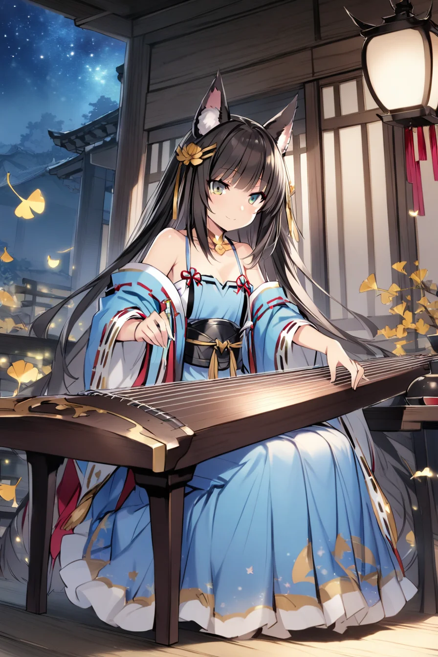 1girl,tsunako, totoki86,
solo,nagato \(azur lane\),erune,light smile,open clothes,blue hanfu,blush,starry sky print,blue eyes,spaghetti strap,east asian architecture,wall,table,fireflies,pyrefly,night,ginkgo leaf,erhu,sitting,wooden chair,sitting , guzheng,playing instrument, <lora:guzhengSY3-000024:1>