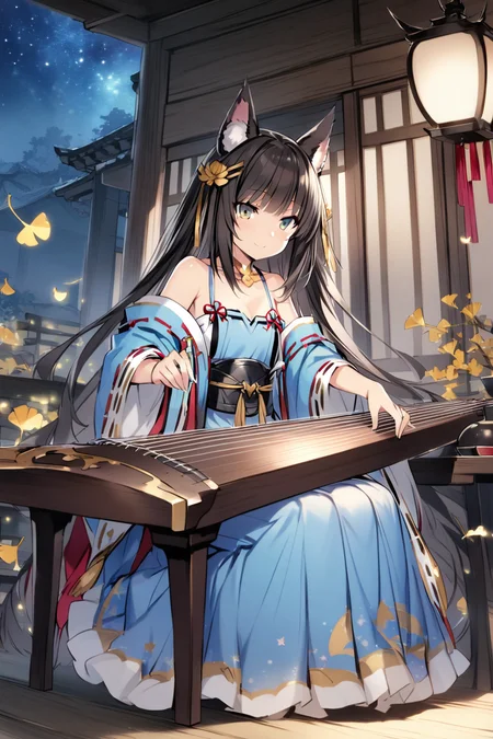 1girl,tsunako, totoki86,
solo,nagato \(azur lane\),erune,light smile,open clothes,blue hanfu,blush,starry sky print,blue eyes,spaghetti strap,east asian architecture,wall,table,fireflies,pyrefly,night,ginkgo leaf,erhu,sitting,wooden chair,sitting , guzheng,playing instrument, <lora:guzhengSY3-000024:1>