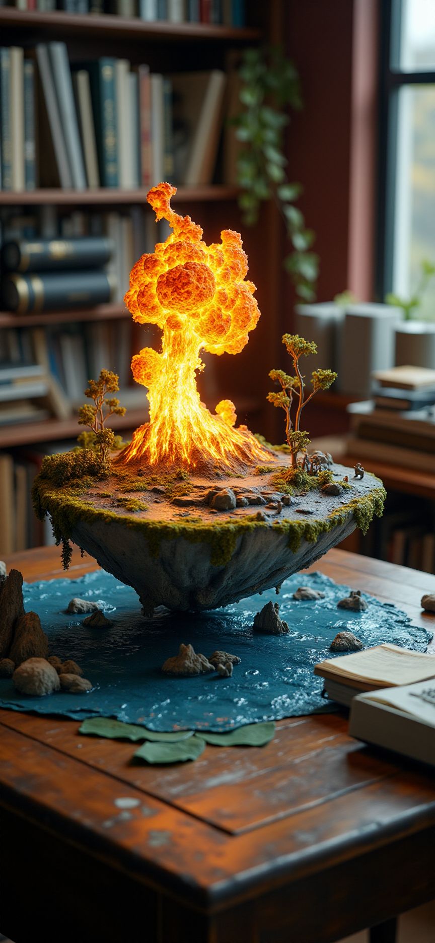 (indoor,very wide isometric view,tilt-shift lens:1.6), (windowless,miniature,miniature,diorama,miniature,diorama,PVC,plastic:2) ,  k-9 thunder with flame at (floating island,levitating  island:1.5) on (table:2) at (study:2.5)   <lora:Diorama_Flux:1>