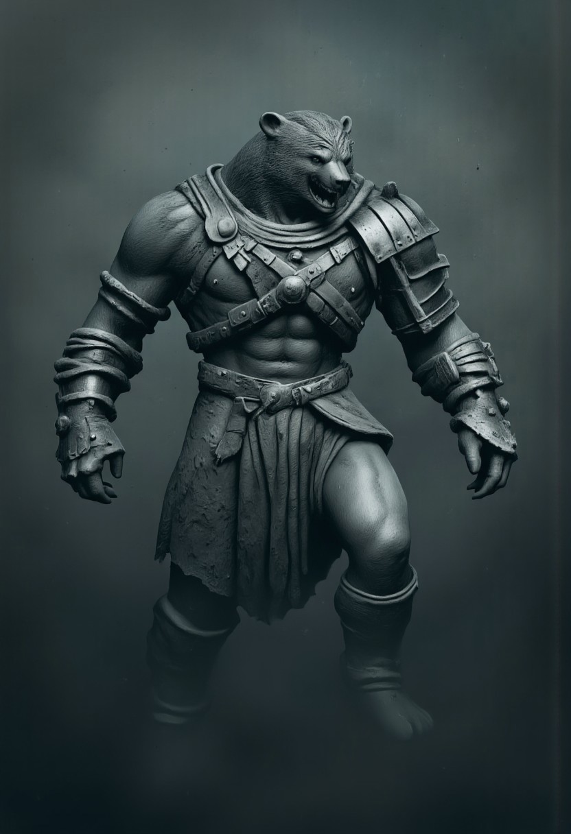 aidmaMJ6.1, Made out of paper, a PaperStyle , d4artstyle, d4concept, , d00mstyle, made of clay, ZBClay model of a gray sculpture
A powerful bear outfitted with medieval-style armor, designed for battle. The creature is equipped with metallic plating over its head, shoulders, and sides, shaped to fit its muscular build. The armor has a rugged, functional appearance, with a dark metallic finish and a saddle attached, suggesting its use as a mount or war companion. The plating provides protection to vital areas while allowing for full mobility. The bear's exposed areas reveal a thick fur coat, adding to its imposing presence. The background is dimly lit and foggy, emphasizing the armored bear's silhouette and highlighting the intricate details of its gear, creating a blend of fantasy and medieval realism.
Background solid color with a faded dimly lit, fog-covered darkness tone that emphasizes its silhouette. 
 The medium is not a traditional painting or illustrative medium like watercolor or ink but rather a digital rendering, eerie and unsettling.