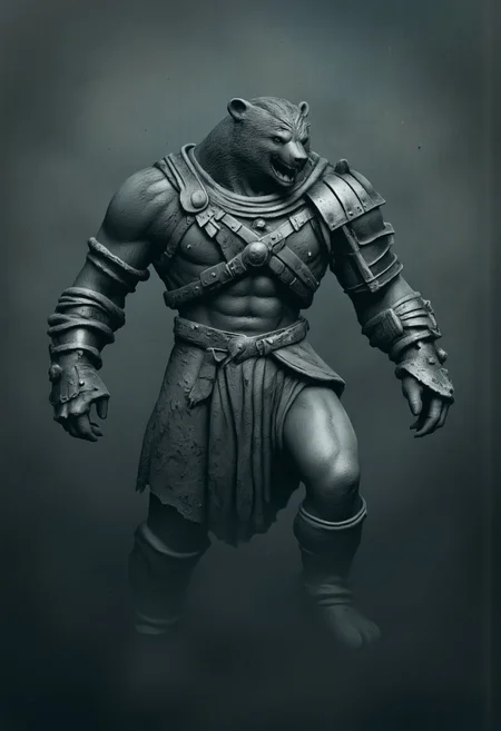 aidmaMJ6.1, Made out of paper, a PaperStyle , d4artstyle, d4concept, , d00mstyle, made of clay, ZBClay model of a gray sculpture
A powerful bear outfitted with medieval-style armor, designed for battle. The creature is equipped with metallic plating over its head, shoulders, and sides, shaped to fit its muscular build. The armor has a rugged, functional appearance, with a dark metallic finish and a saddle attached, suggesting its use as a mount or war companion. The plating provides protection to vital areas while allowing for full mobility. The bear's exposed areas reveal a thick fur coat, adding to its imposing presence. The background is dimly lit and foggy, emphasizing the armored bear's silhouette and highlighting the intricate details of its gear, creating a blend of fantasy and medieval realism.
Background solid color with a faded dimly lit, fog-covered darkness tone that emphasizes its silhouette.
The medium is not a traditional painting or illustrative medium like watercolor or ink but rather a digital rendering, eerie and unsettling.