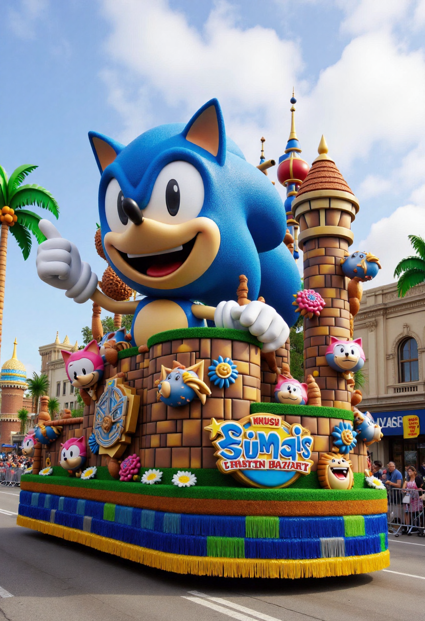 <lora:Parade_Float_Fashioner_FLUX:0.9>
The image is a photograph capturing a vibrant, elaborate Sonic the Hedgehog themed parade float.