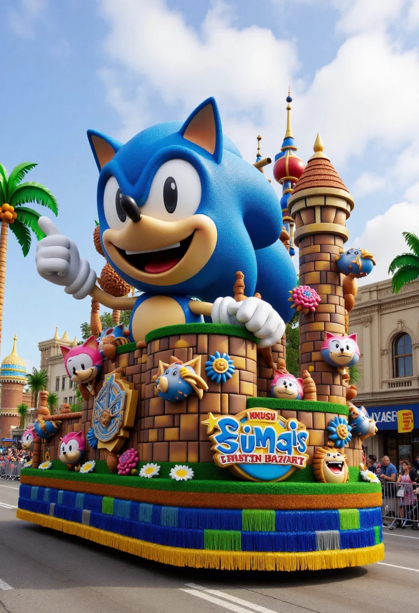 <lora:Parade_Float_Fashioner_FLUX:0.9>
The image is a photograph capturing a vibrant, elaborate Sonic the Hedgehog themed parade float.
