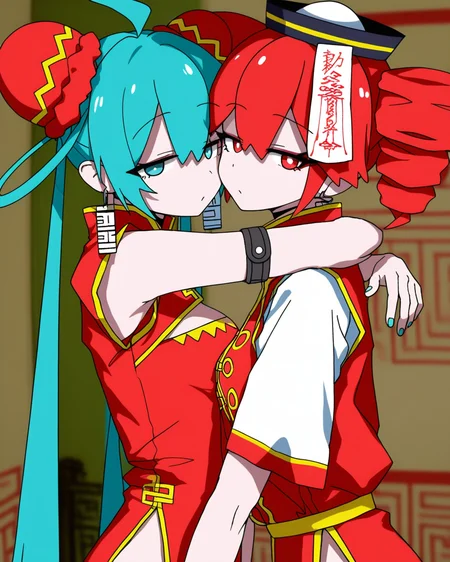 best quality, highres, masterpiece, very awa, newest, 2024,indoors, shade, realistic, blurry background,
2girls, chinamiku, hatsune miku, half-closed eyes, chinese clothes, red dress, cleavage cutout, large breasts,
chinateto, kasane teto, black hat, ofuda, red vest, white shirt, hip vent, from side, looking at viewer, hug, side slit,
<lora:odochina:.8>
<lora:745cmSDXLvpred75S:1>