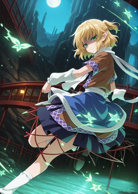 absurdres, highres, masterpiece, best quality, amazing quality, official anime artwork, screencap, anime screencap, outdoors, looking at viewer, dynamic pose,
<lora:Parsee-Mizuhashi_Illustrious:1> mizuhashi parsee, 1girl, solo, green eyes, blonde hair, short hair, pointy ears,, brown shirt, short sleeves, white scarf, blue skirt, white arm warmers, shaded face, night, star, light particle, underground, bridge, from the back,