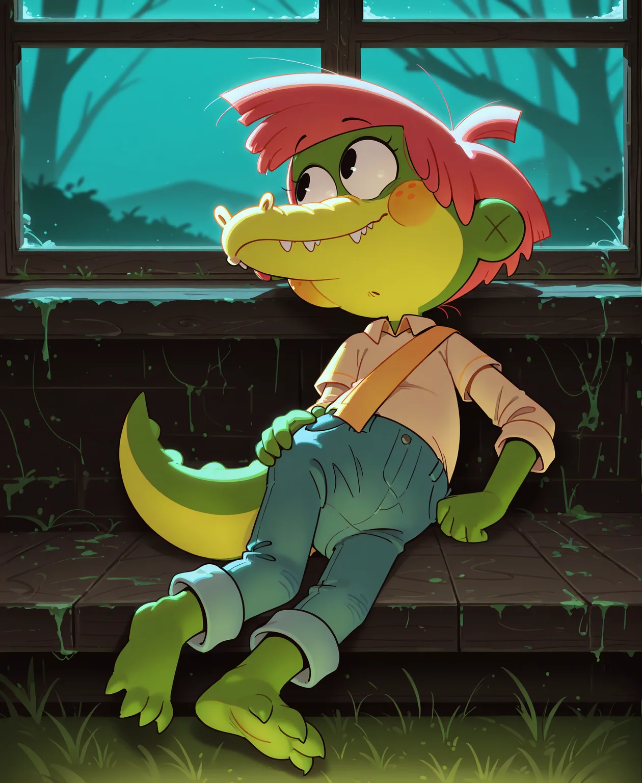 <lora:ArloIllustrious:1> Arlo Beauregard, alligator, red hair, freckles, young, scalie BREAK
night, lying, on side, looking at viewer, on a green carpet, hand on hip, feet, in a cabin, swamp on window, clothed, overalls, yellow shirt, orange strap, BREAK
<lora:spo_sdxl_10ep_4k-data_lora_webui:1> highly detailed, detailed background, absurdres, high resolution, 8K, highres, 4k, 2k, high detail, masterpiece, best quality, amazing quality, very aesthetic, absurdres, newest, scenery, ultra-detailed, newest, scenery, volumetric lighting, painting, artstationâââ
