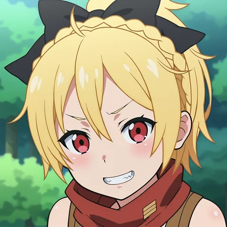anime screencap, anime coloring,source_anime,,BREAK
 <lora:FeltXL-000020:1>,
red eyes,hair between eyes,blonde hair, 1girl,solo, hair bow, short hair, crown braid, flat chest,,brown vest, bandeau, (red scarf:0.8), grin,fang, looking at viewer, 
portrait, close up,
outdoors, forest,