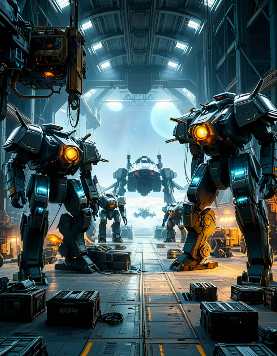 A massive, futuristic spaceship hangar filled with towering battle mechs undergoing maintenance. The hangar is dimly lit, with industrial lighting casting a cold, bluish glow over the metallic surfaces. The high ceiling is lined with steel support beams, catwalks, and suspended cranes used for repairing the massive war machines. The walls are adorned with warning signs, control panels, and illuminated holographic displays providing diagnostic data on the mechs. In the foreground, a colossal mech stands on a heavy-duty platform, its armored plating showing signs of battle damage, with exposed mechanical parts being worked on by robotic arms. The ground is marked with yellow hazard lines and scattered with tools, power cables, and spare parts. Steam rises from various vents, adding to the gritty, industrial feel. In the background, more mechs are stationed in docking bays, with their weapons and mechanical limbs being adjusted by automated repair systems. A large open bay door at the far end reveals the vastness of space, with distant stars and a massive planet visible beyond the hangar. The scene is detailed, immersive, and full of high-tech military sci-fi energy.
<lora:SDXLFaeTastic2400:0.4> <lora:extremely_detailed:0.4> extremely detailed,<lora:mechwarriors_spaceship_h4ng4r:1>,mechwarriors spaceship h4ng4r, Masterpiece,best quality,hi res,8k,hi res,8k,award winning,(sharp focus, intricate, highly detailed),